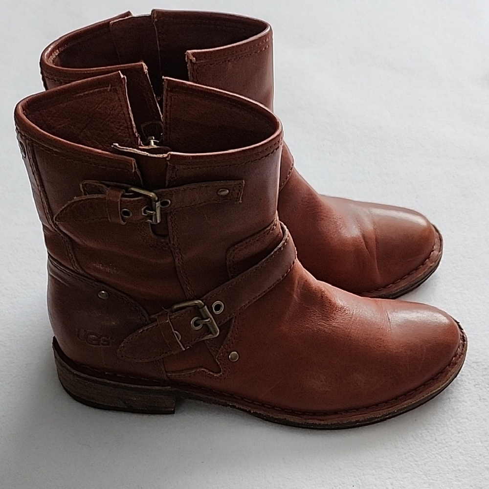 UGG Women's Brown Sheepskin Leather Buckle and Zipper Moto Boots